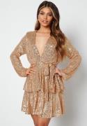 John Zack Sequin Deep V Ruffle Skater Dress Gold XS (UK8)