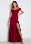 Goddiva Bardot Pleat Maxi Split Dress Wine-red S (UK10)