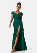 Goddiva Bardot Pleat Maxi Split Dress Emerald XS (UK8)