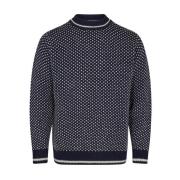 Marineblå og hvit strikket genser