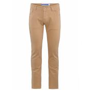 Beige Slim Fit Bukser med Broderi og Skinnpatch