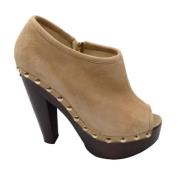 Beige Semsket Skinn Peep Toe Ankelstøvler