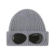 Grå Melange Ribbestrikket Beanie med Goggle-detalj