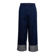 Indigo Blå Grid-Print Wide-Leg Jeans