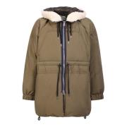 Blouson down jacket with hood and drawstring waist that help retain he...