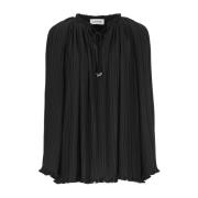 Sort Plissert Bluse med V-Hals