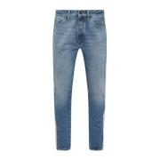 Slim Fit Blå Jeans med Vintage Effekt og Krem/Beige Sidestriper