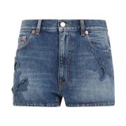 Blå Denim Broderte Shorts