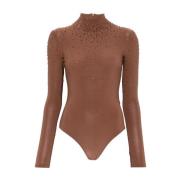 Rhinestone Bodysuit Brun Høy Hals Lange Ermer