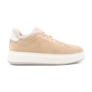 Beige Sneakers med Semsket Detaljer