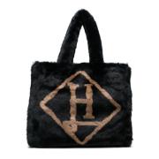 Shearling Svart Veske med Logoprint