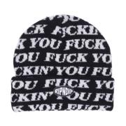 Svart Strikket Beanie Lue med Broderi