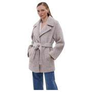 Kvinner Beige Ull Belte Wrap Trench Coat