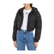 Svart Puffer Cropped Hooded Kåpe