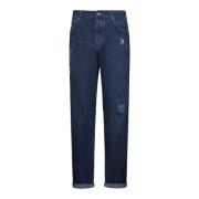 Blå Denim Straight-Leg Jeans med Riper