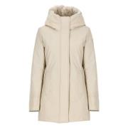 Beige Parka med syntetisk pels hette