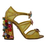 Stunning Yellow Leather Crystal Sandals