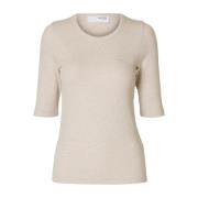 Feminin O-Neck Top i Havremel Melange