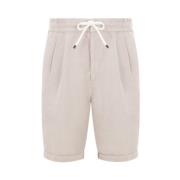 Beige Lin Gabardine Elastisk Midje Shorts