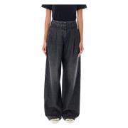 Sort Wide Leg Plissert Jeans