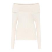 Feminin Off-Shoulder Strikket Genser Hvit Krem