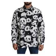 Panda Print Bomullsskjorte Svart Hvit