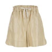 Beige Lin Shorts med Snøring i Livet