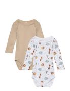 Nbnbody 2P Ls Beige Animal Noos Bodies Long-sleeved Multi/patterned Na...