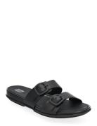 Gracie Rubber-Buckle Two-Bar Leather Slides Flate Sandaler Black FitFl...