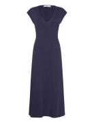 V-Neck Cotton Dress Knelang Kjole Navy Mango