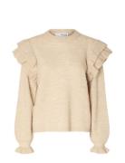 Slflulu Ls Knit Shoulder Frills O-Neck Tops Knitwear Jumpers Beige Sel...