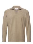 V-Neck Jacquard Polo L/S Tops Knitwear Long Sleeve Knitted Polos Beige...