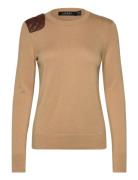 Faux-Leather-Trim Cotton-Blend Sweater Tops Knitwear Jumpers Brown Lau...