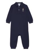 Polo Bear Cotton Mesh Polo Coverall Langermet Bodysuit Navy Ralph Laur...