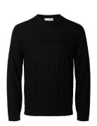 Slhtray Ls Knit Merino Crochet Crewneck Tops Knitwear Round Necks Blac...