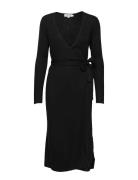 Fine Knit Rib Wrap Midi Dress Knelang Kjole Black Davida Cashmere