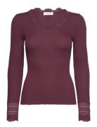 Silk T-Shirt W/ Lace Tops T-shirts & Tops Long-sleeved Burgundy Rosemu...