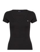 Tjw Slim Essential Rib V Ss Tops T-shirts & Tops Short-sleeved Black T...