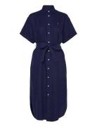 Belted Linen Shirtdress Knelang Kjole Navy Polo Ralph Lauren