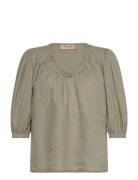 Mmtaissa Linen Blouse Tops Blouses Short-sleeved Khaki Green MOS MOSH